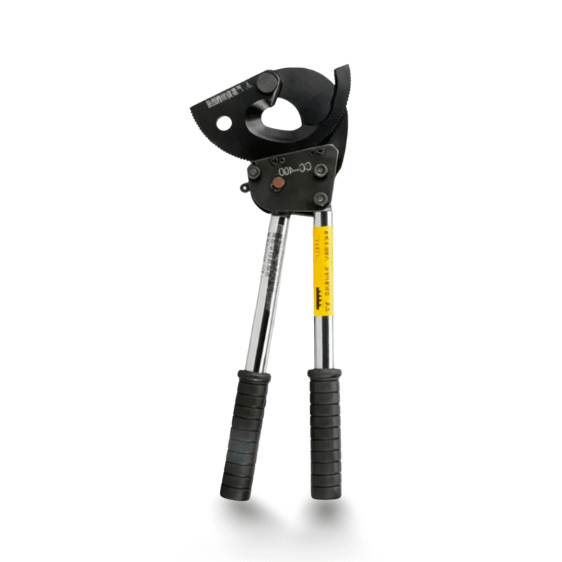 Two-hand ratchet cable cutter with long handles isolated on white background