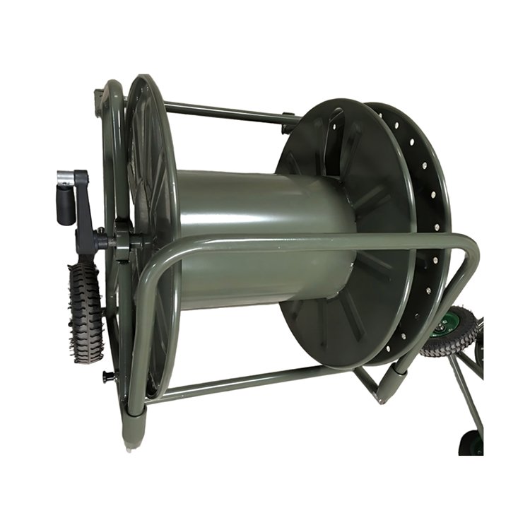 Cable Reel Dispenser cart with hand crank and wheel-supported frame