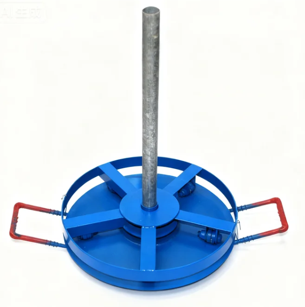Blue cable drum turntable with center post for stable cable reel handling