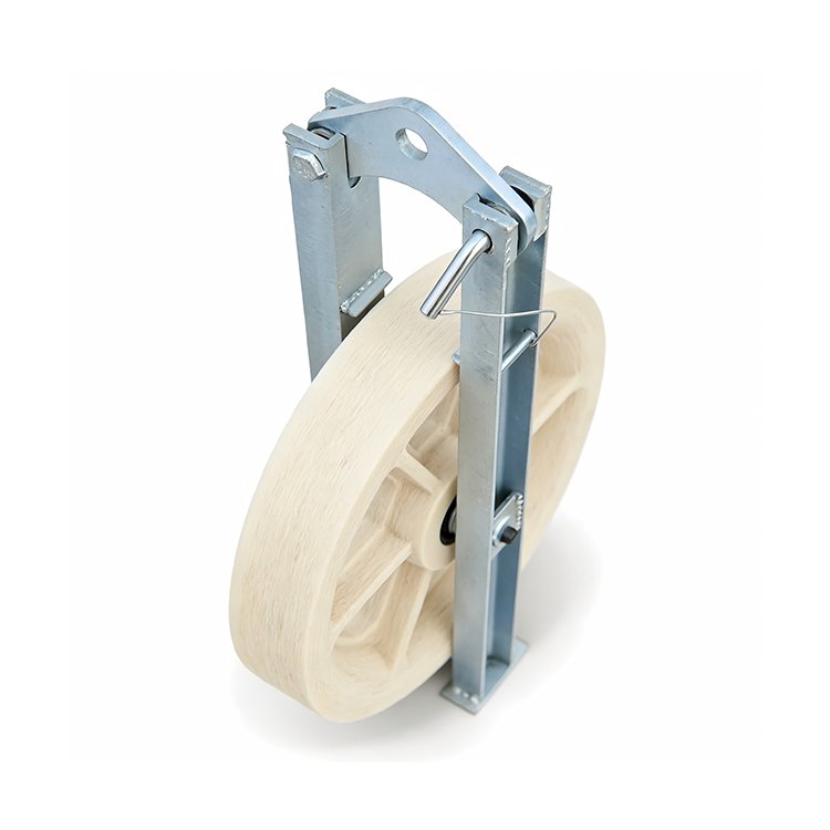 This image displays the upper angled view of the Stringing Pulley Block and shows the hanging section and smooth nylon sheave.
