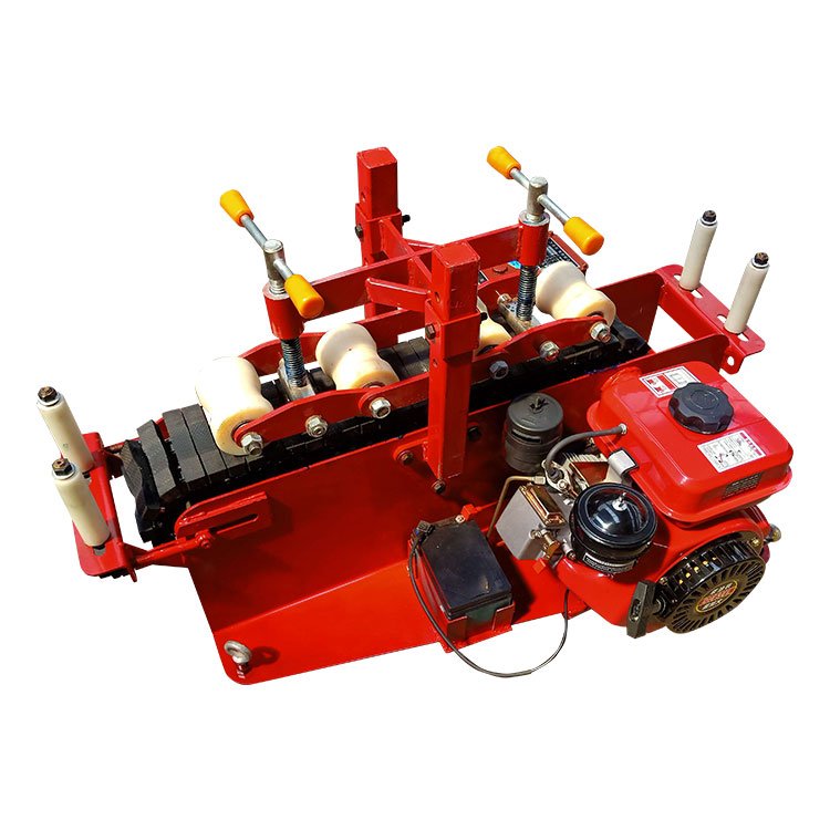Front view of industrial cable feeder machine with roller drive for cable laying and pulling