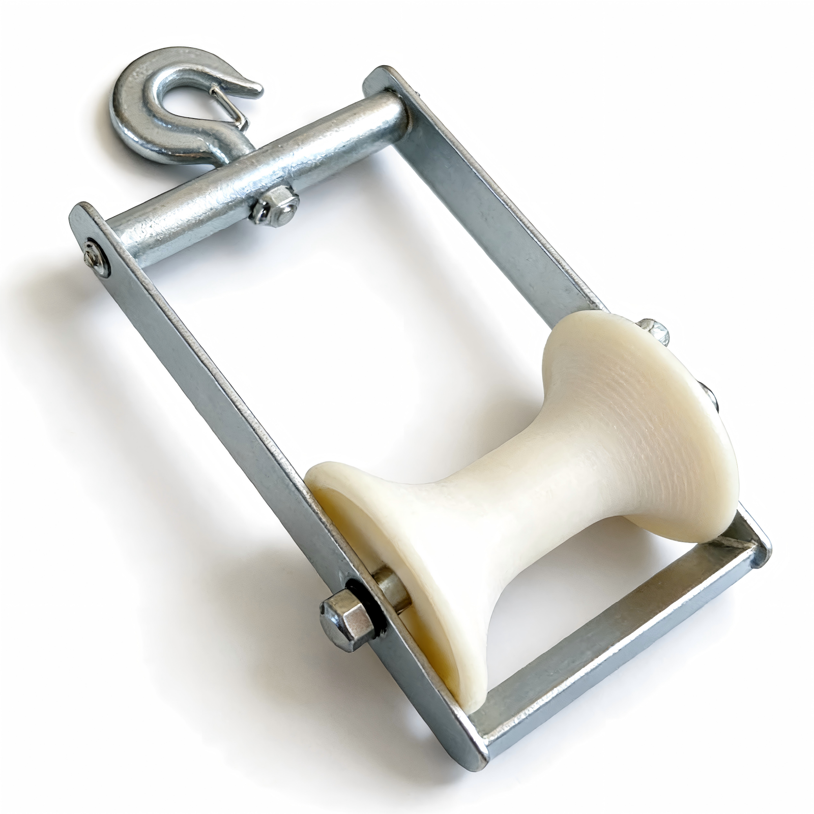 angled view of hanging cable roller with hook