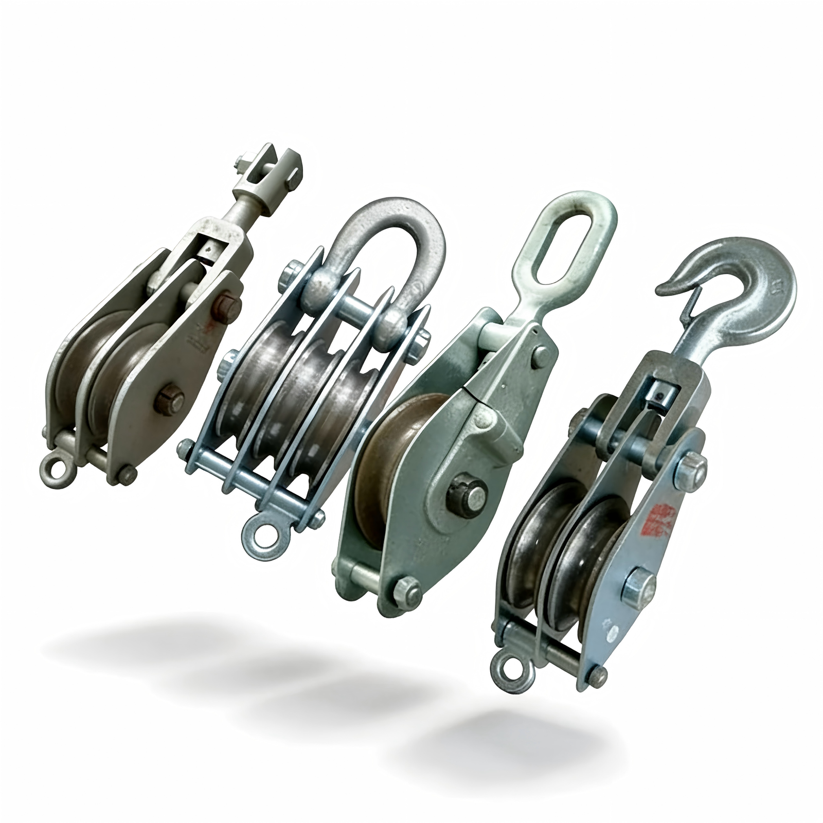 Pulley block product family front view with hook, eye, shackle, and double sheave designs.
