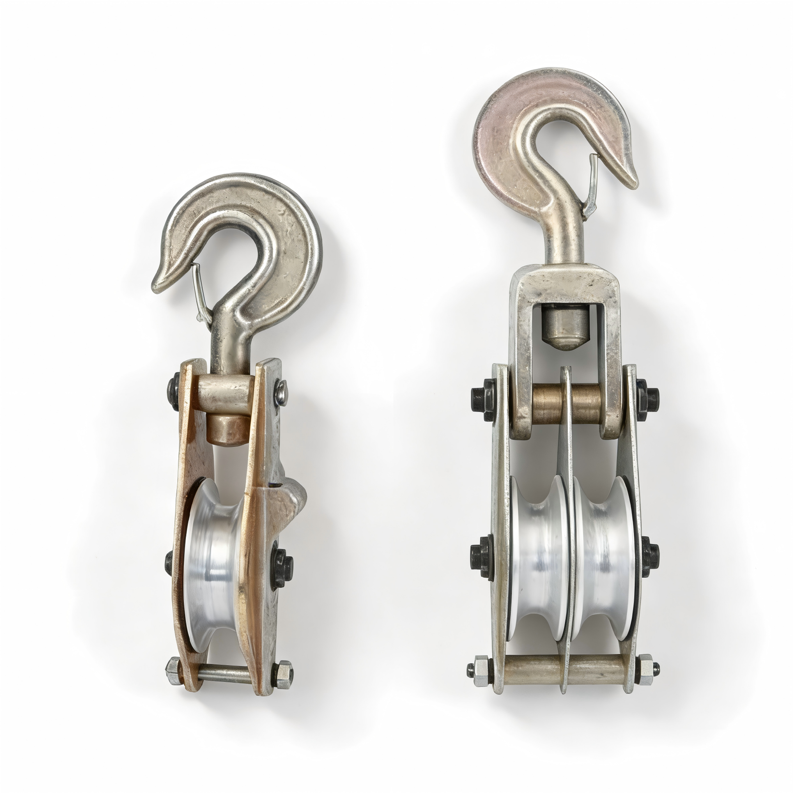 detailed side view of single and double sheave pulley blocks with hook