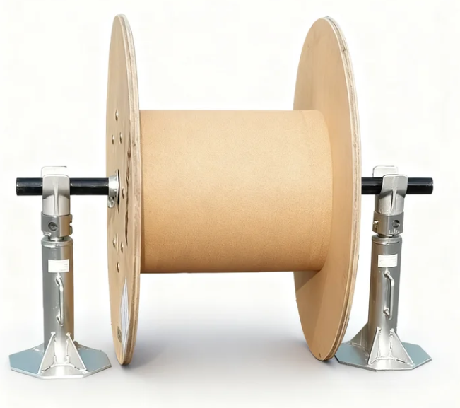 adjustable cable reel stand supporting an empty drum