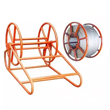 orange cable drum pay-off stand with loaded wire rope reel