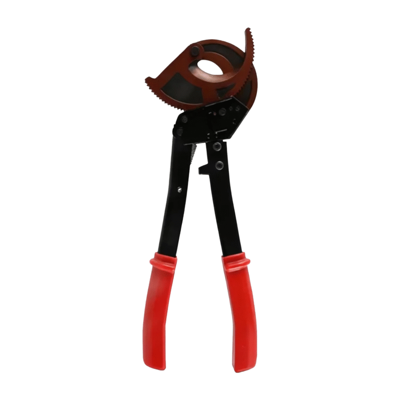 Open jaw ratcheting cable cutter side view with red handles
