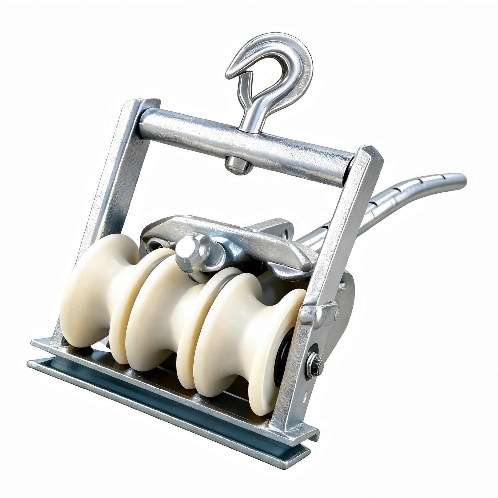 Close-up of Aerial Cable Stringing Roller showing hook and triple nylon rollers.
