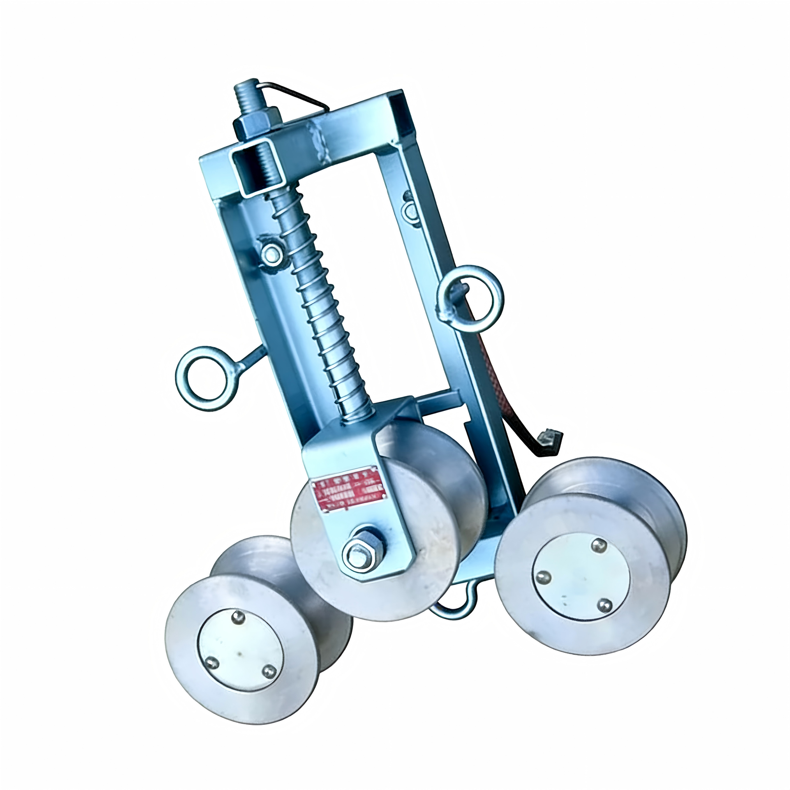 Three wheel cable roller front view for cable pulling support