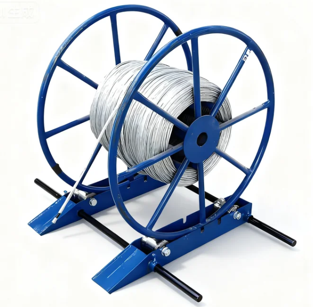 manual cable reel stand with mounted reel on roller base