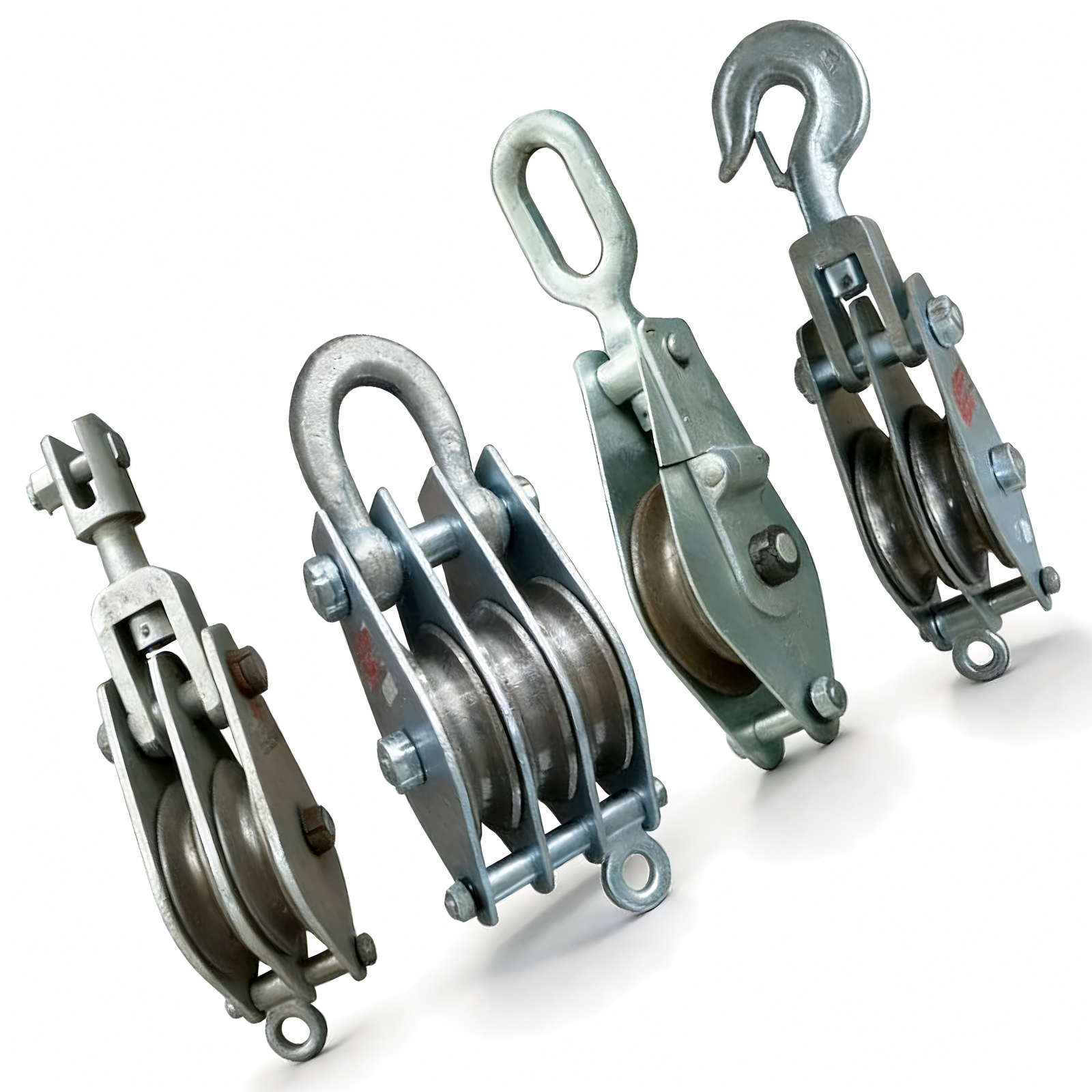 Wire rope pulley block product family front view with multiple connection styles.