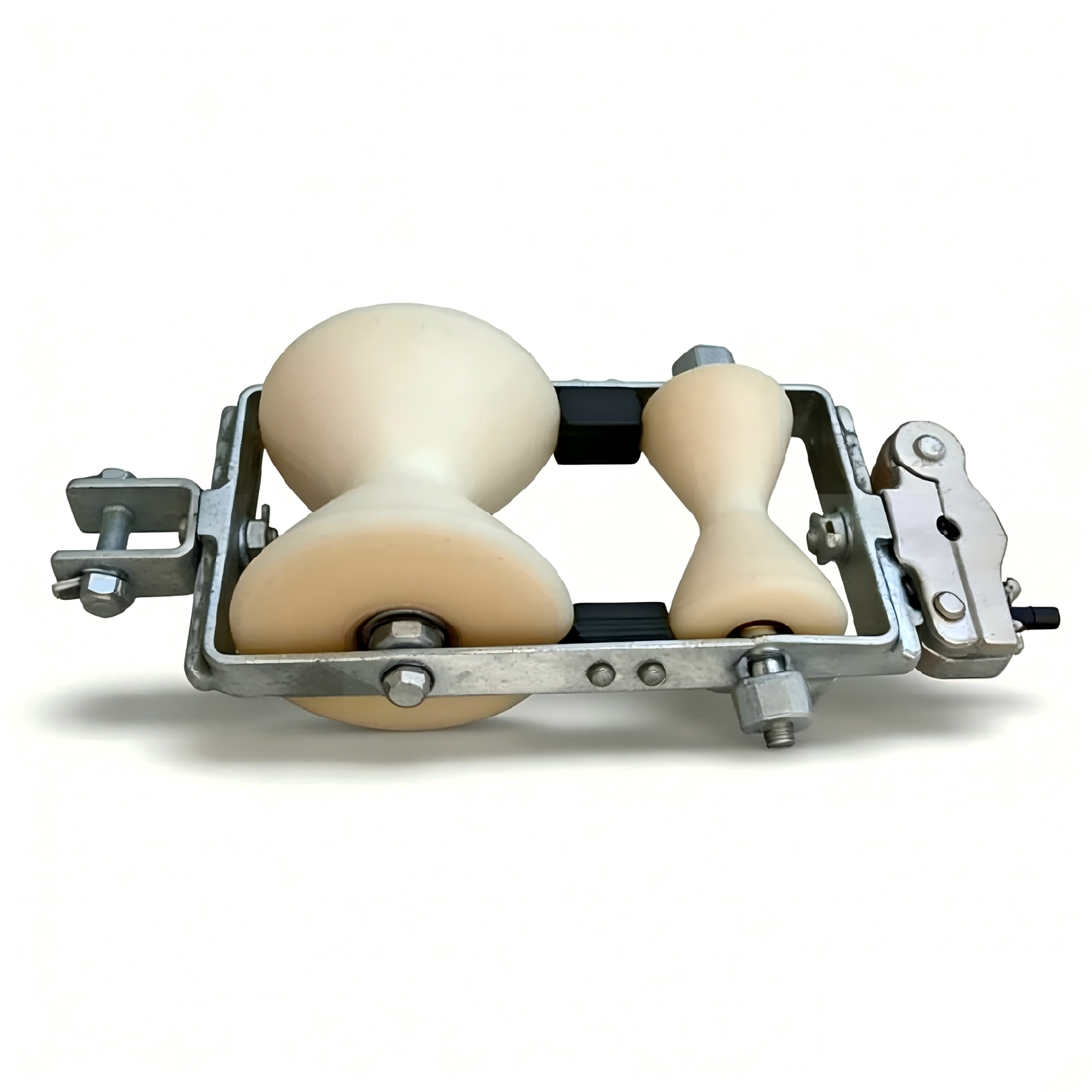 Aerial cable stringing roller rear view for overhead cable guidance