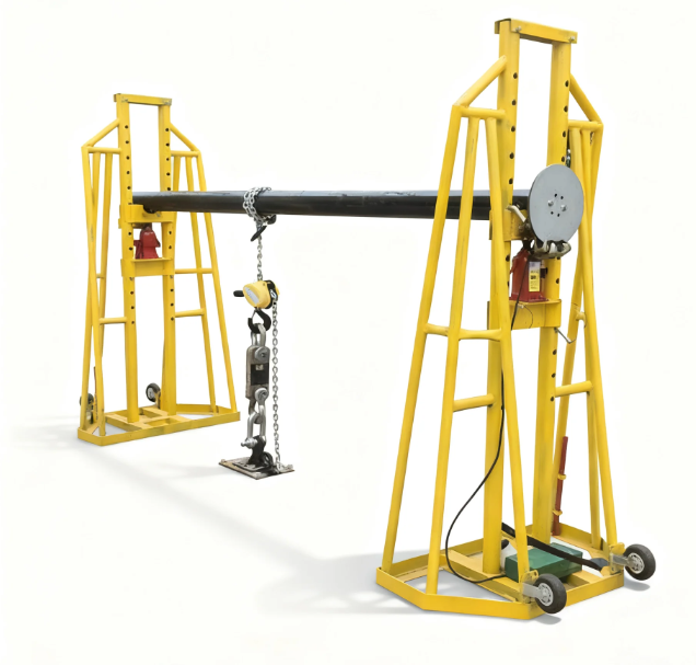 Cable payoff stand with hydraulic towers and shaft support