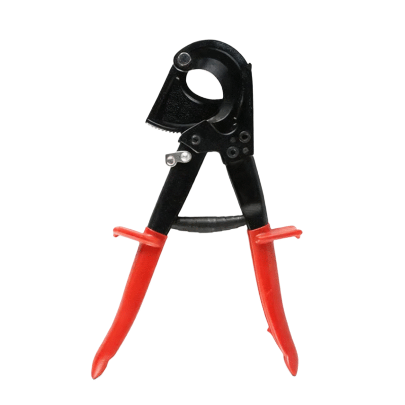 Heavy duty cable cutter front angle view with open jaw and red handles