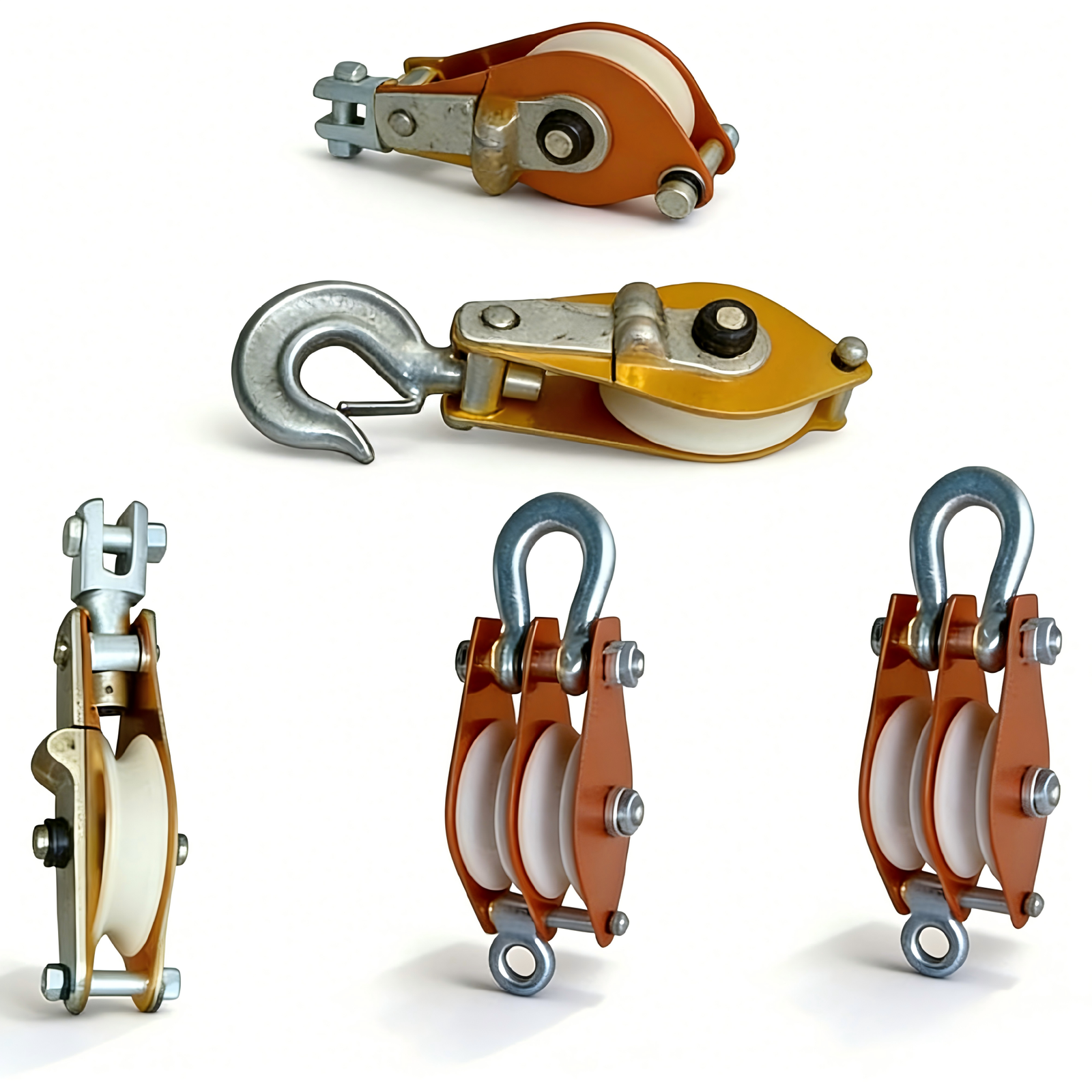 pulley block with hook, pulley block with eye, snatch pulley block with shackle detail collage