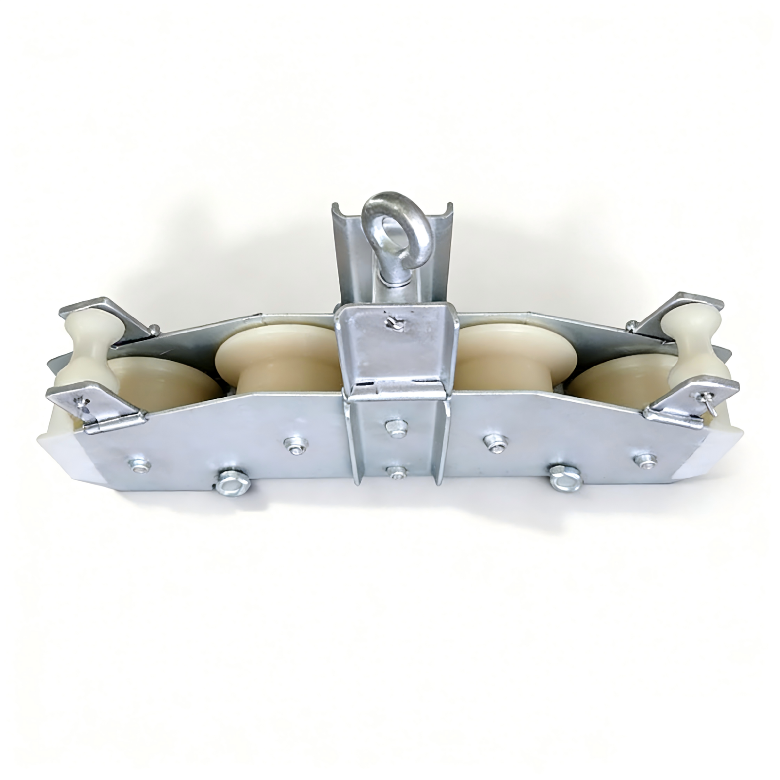 Tandem Sheave Stringing Pulley Block rear angled view with suspension eye and sheaves.