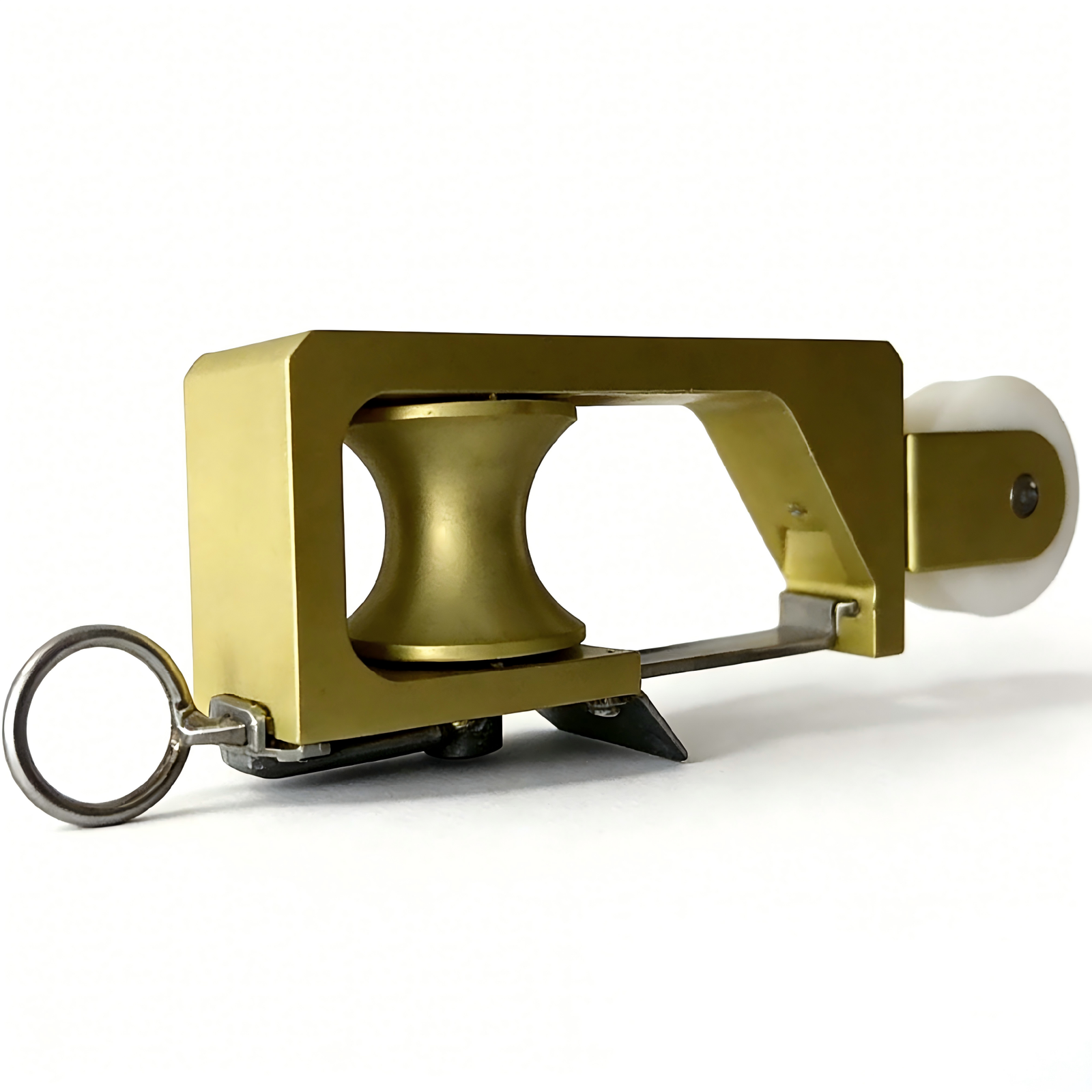 Cable guide roller close-up with metal frame roller body and fixing ring