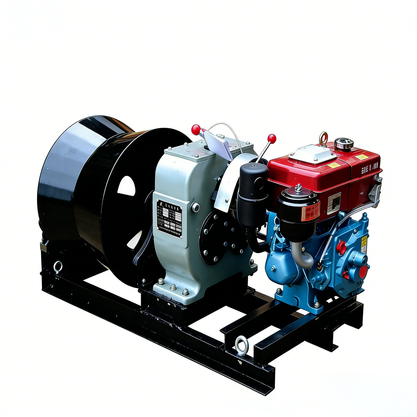 Diesel powered cable pulling winch rear side view