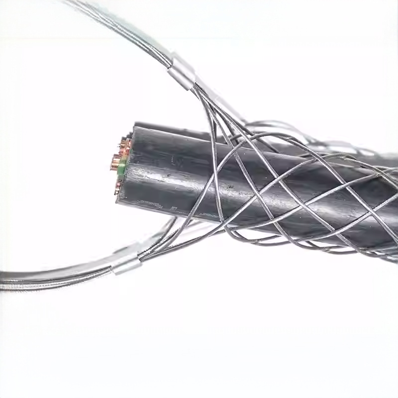 close up of woven mesh cable sock ends for cable pulling