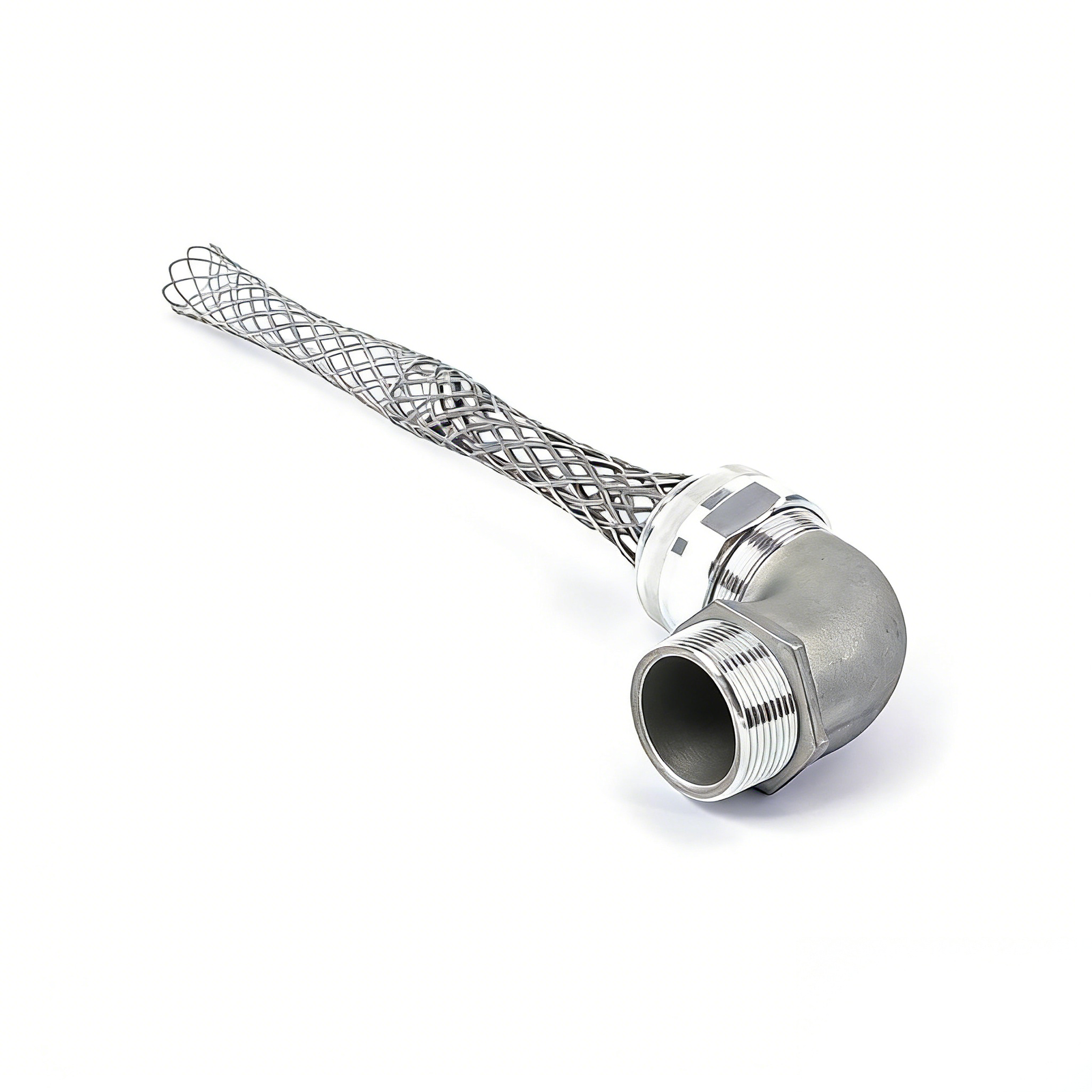 cord grip connector with long wire mesh and elbow fitting