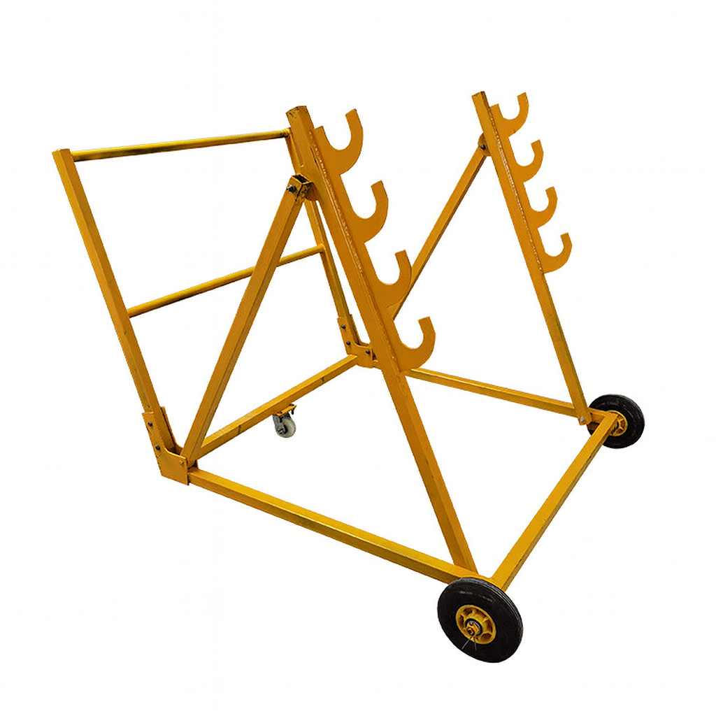 Blue cable reel pay-off stand with wheels for cable drum handling