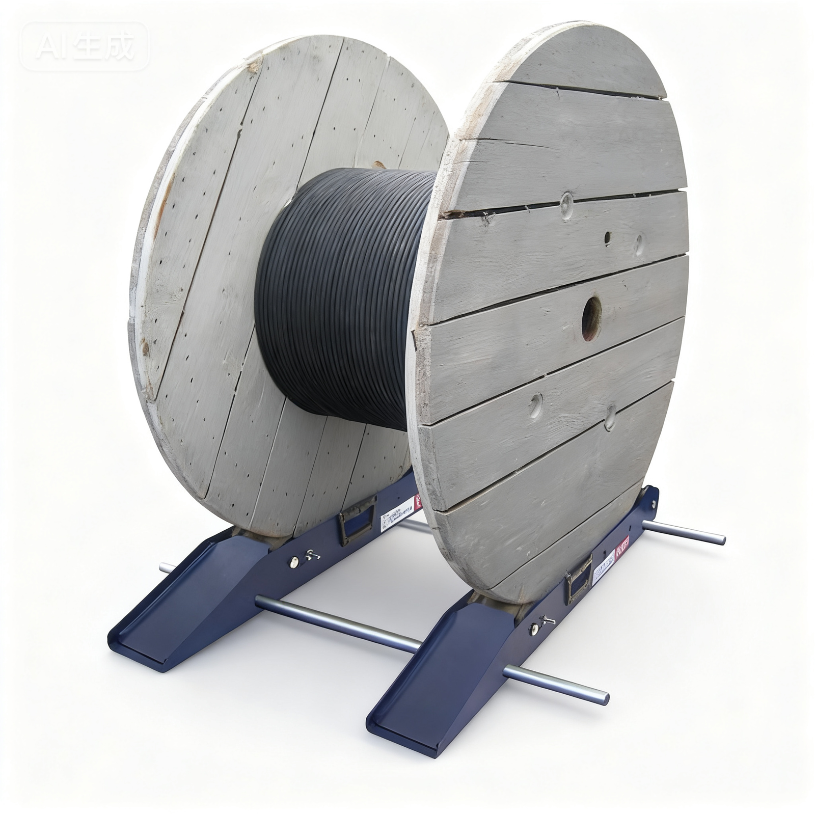 Portable unwinder with wooden cable reel on blue stand