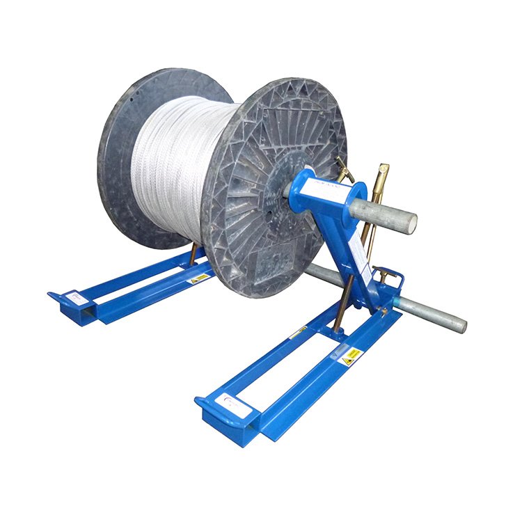 Angled product view showing a blue cable reel jack stand set supporting a loaded cable drum during cable handling.