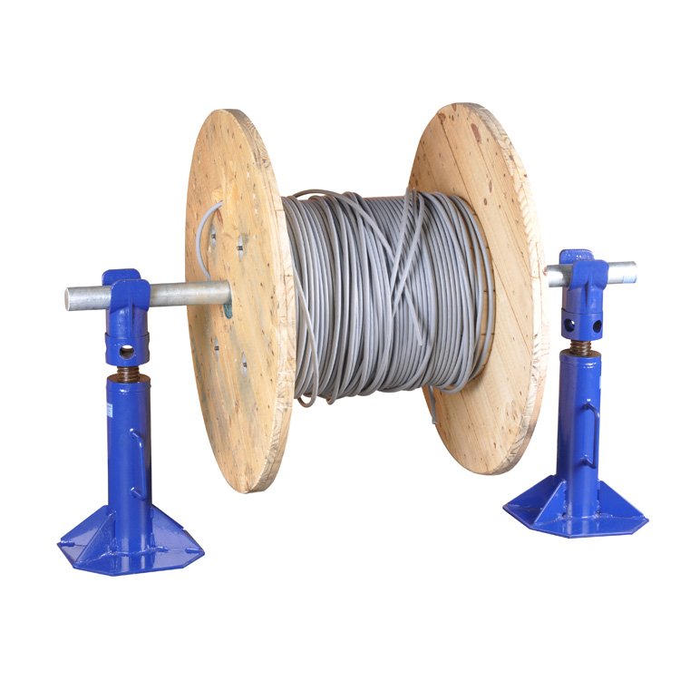 blue screw type reel stand supporting a loaded cable drum