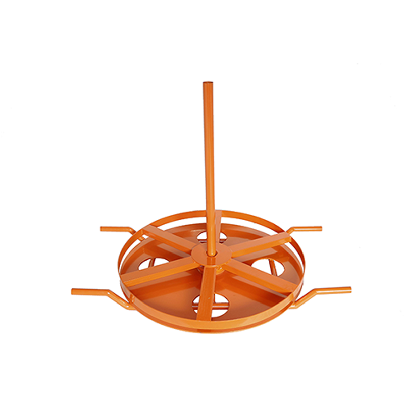 Orange horizontal cable drum stand with center spindle for cable reel unwinding