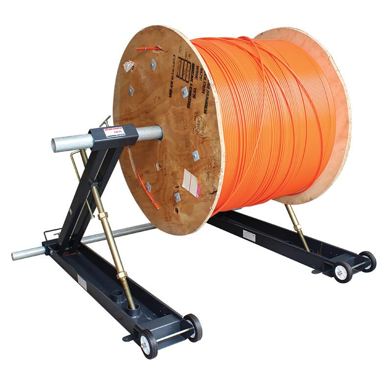 cable pay-off stand supporting a loaded cable drum
