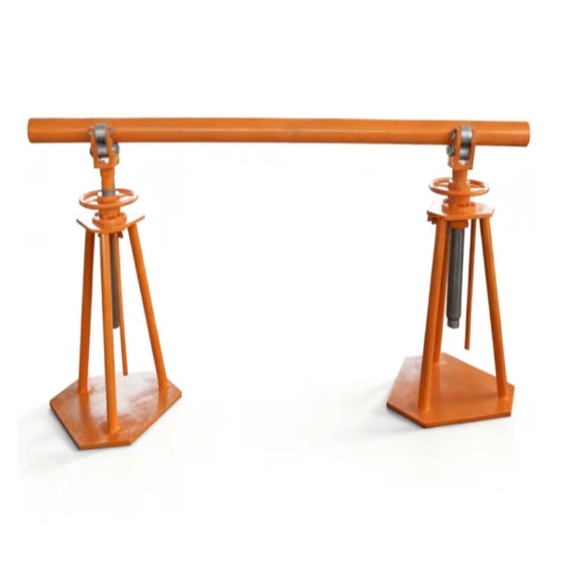 Adjustable orange cable drum stand set with screw-type jacks for reel payout