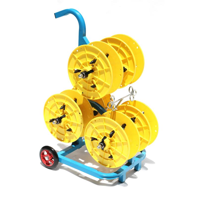 Yellow multi-spool wire dispenser on portable stand