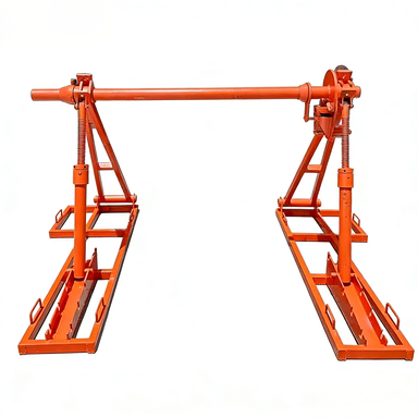 Alternative Text（替代文本） Front view of twin cable drum jack stands for stable cable reel support during installation
