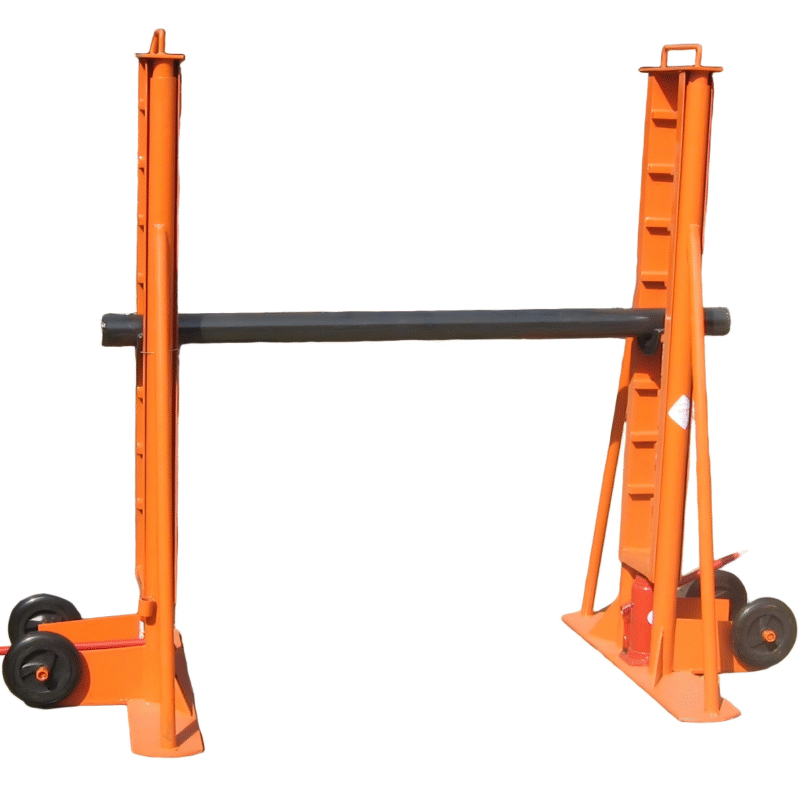 Orange cable drum stand with hydraulic lifting jack