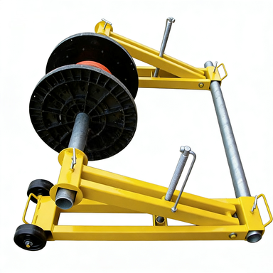 Yellow cable reel jack stand supporting a loaded reel for cable pay-off and handling