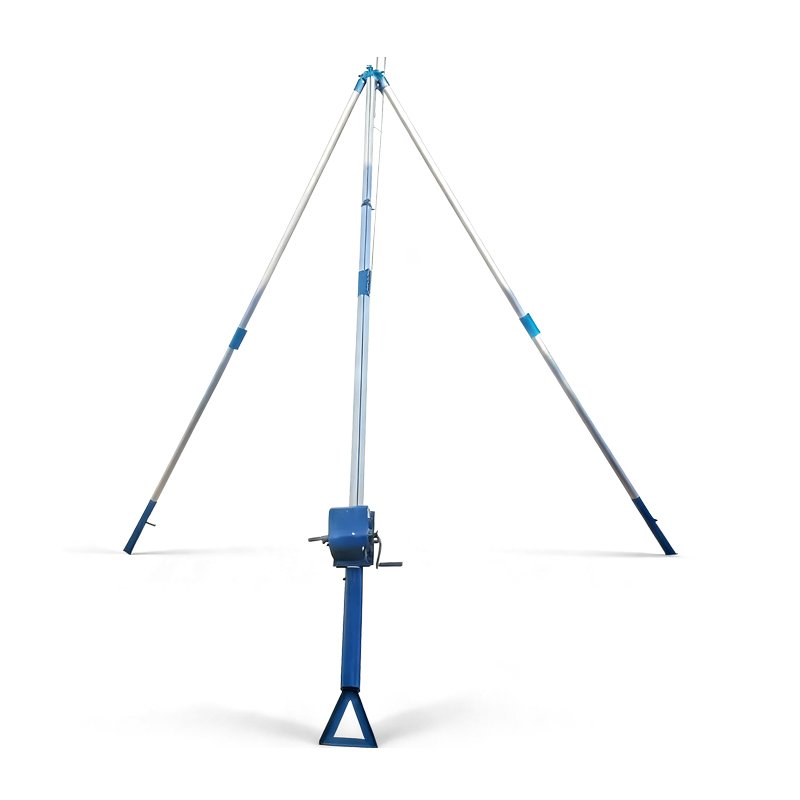 Tripod gin pole front view with stable three-leg support