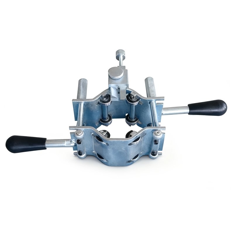 longitudinal cable cutter with guide rollers and dual handles on white background
