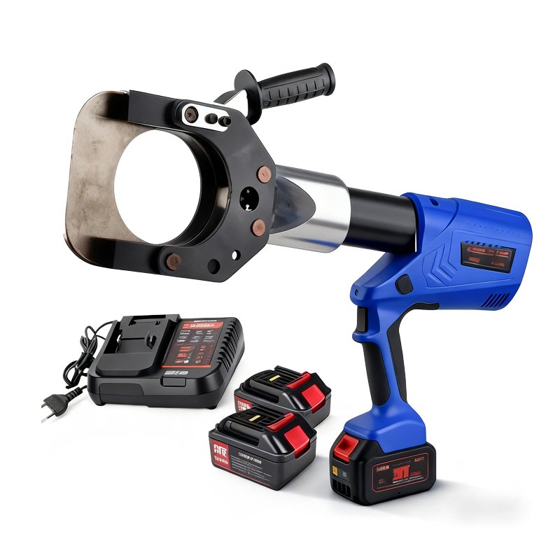 Portable cordless hydraulic cable cutter with charger and spare batteries