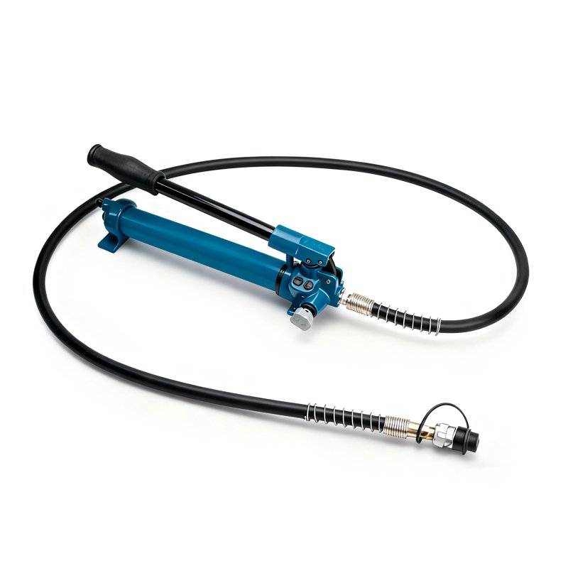 Portable Manual Hydraulic Pump angled view with hose