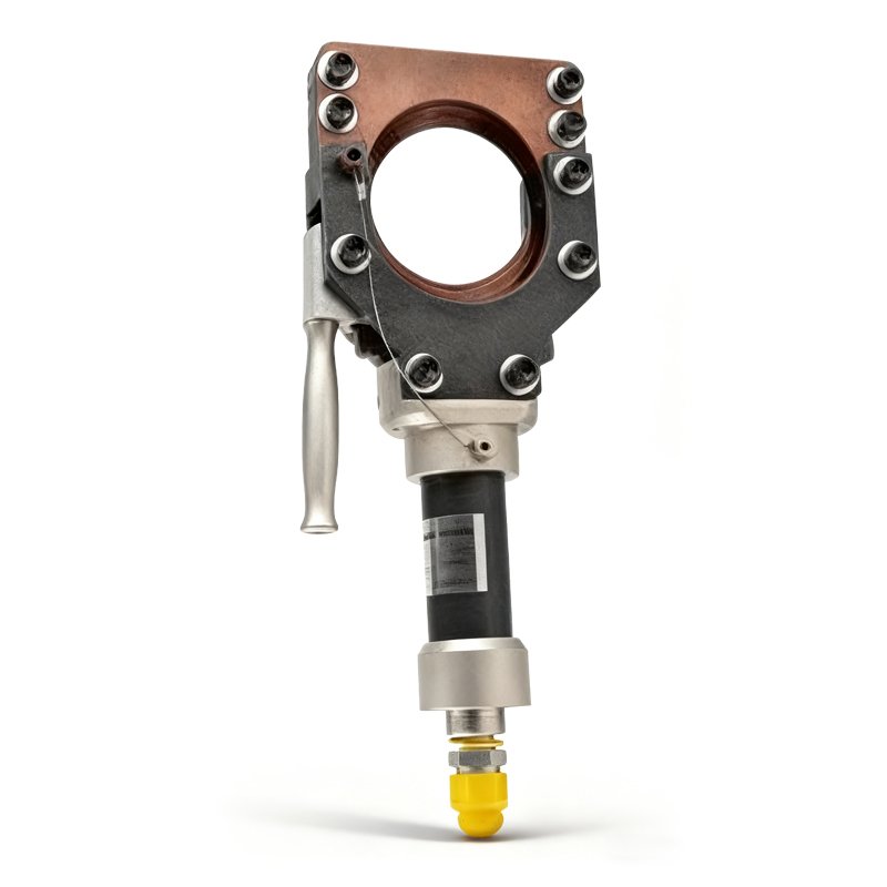 Handheld hydraulic cable cutting tool angled view