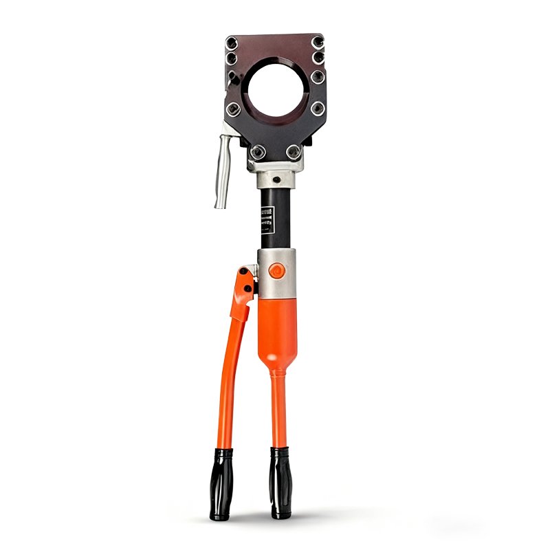 Hydraulic cable cutter front view with orange handles