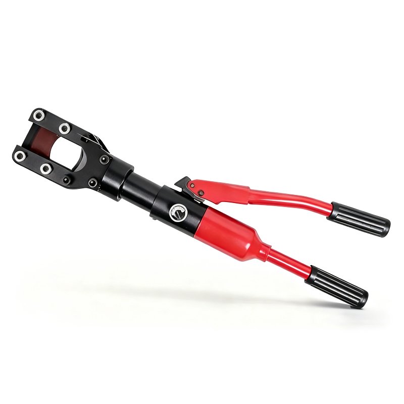 Angled view of Hydraulic Cable Cutter with black head and red handles