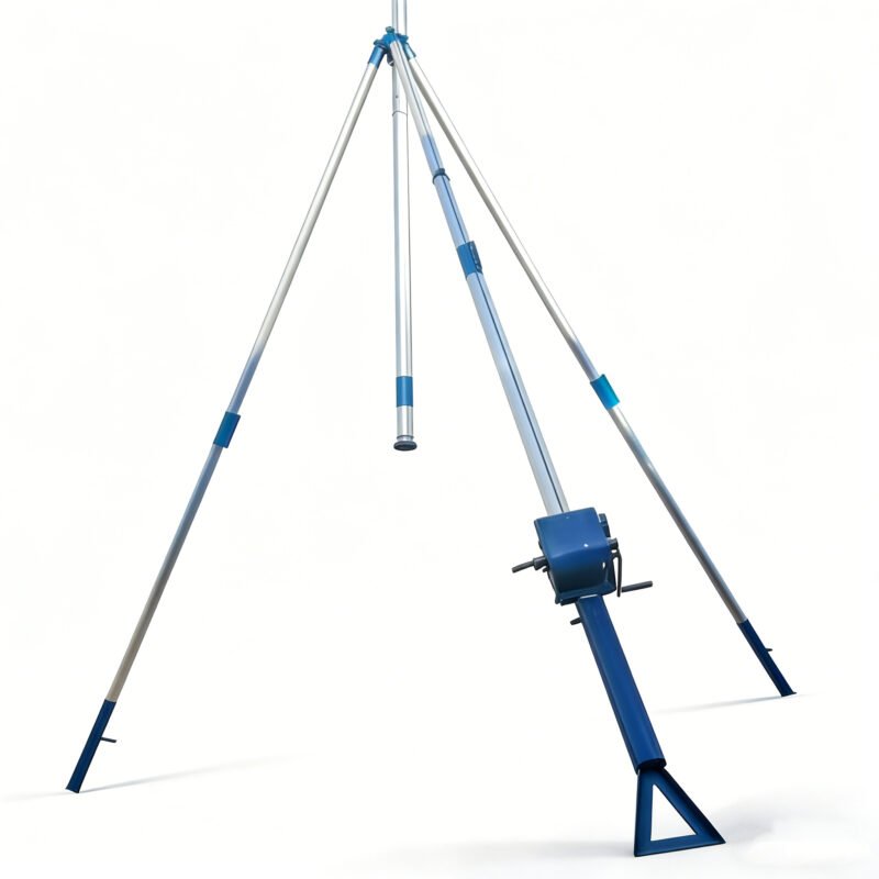 Close-up of tripod gin pole operating section and support base