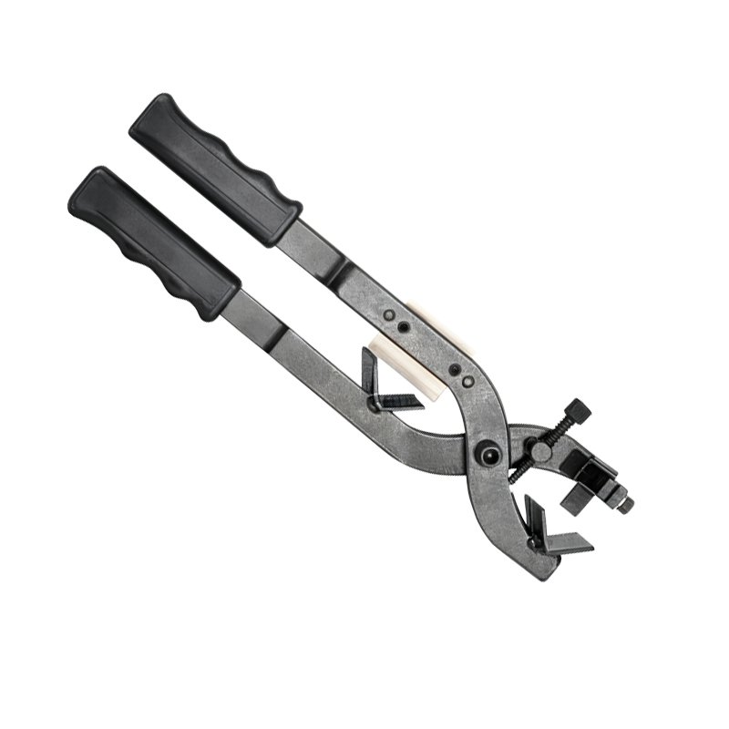 Cable stripper with adjustable stripping head and black handles in angled view