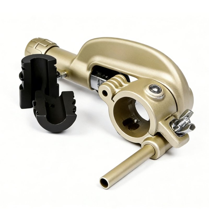 Pipe cutter attachment close-up showing cutting head and metal body