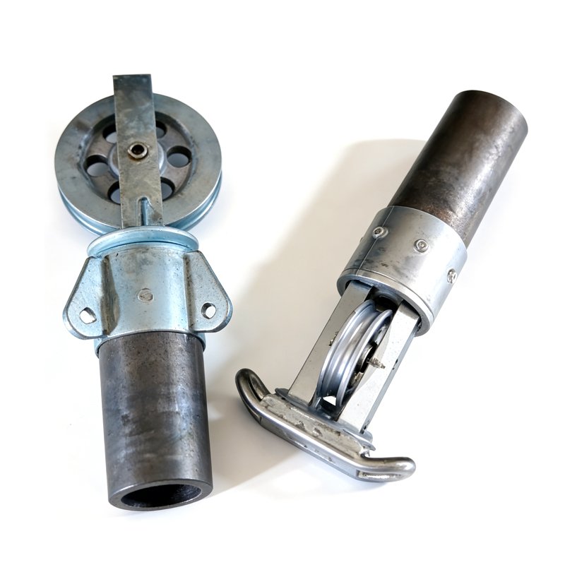 Product display image showing the front and bottom structure of the inner-suspended tubular gin pole. The image highlights the wheel section, tubular body, and support frame used for line installation tasks.