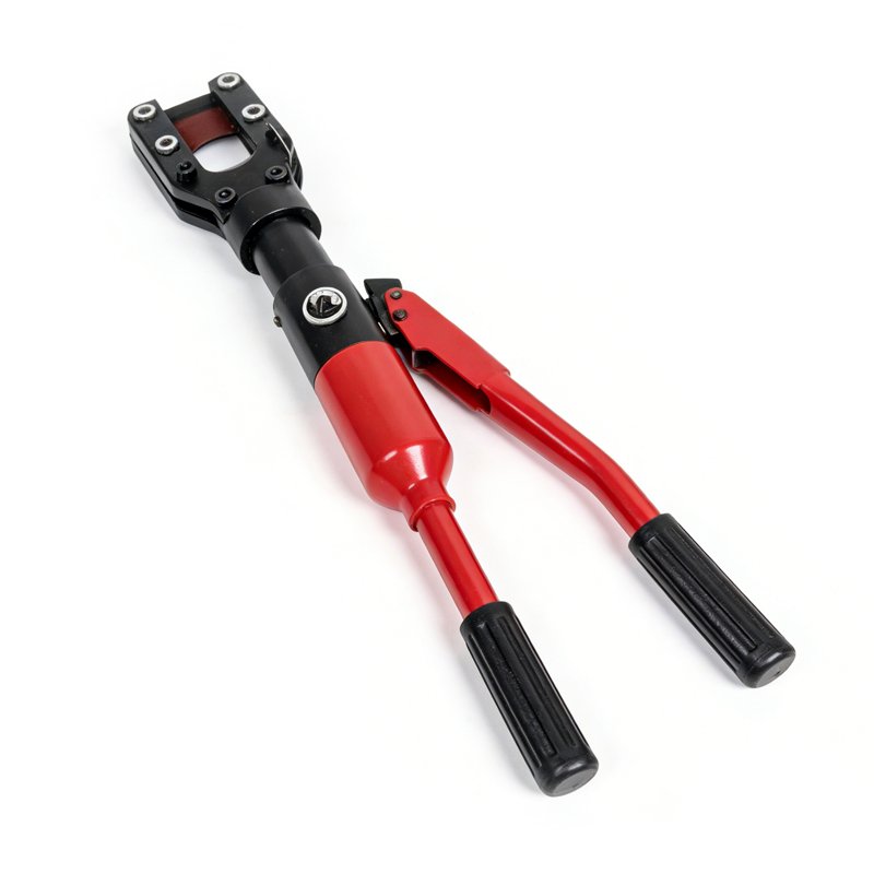 Hydraulic Cable Cutter with red handles isolated on white background