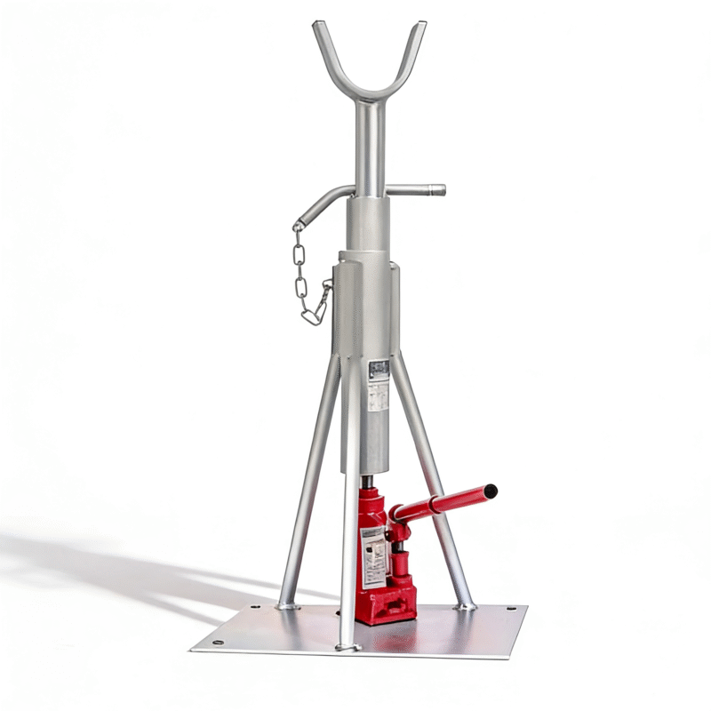 Black cable reel stand for paying off with hydraulic lifting support