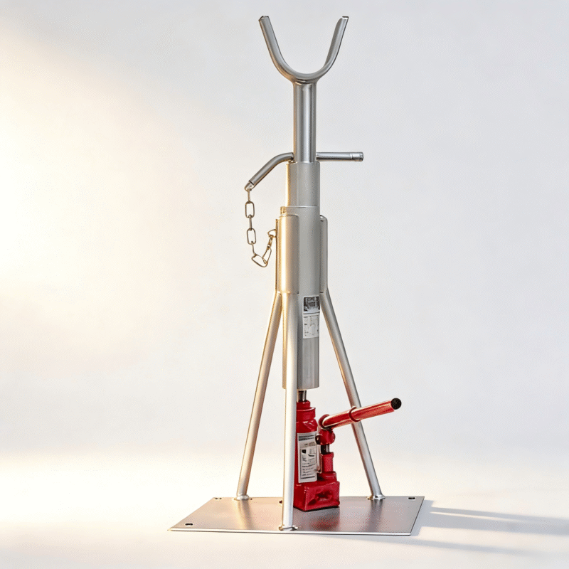 Cable pay-off stand product display with hydraulic support and reel handling frame