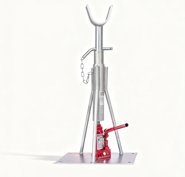 Cable reel stand with hydraulic jack and upright support for cable drum pay-off, front view